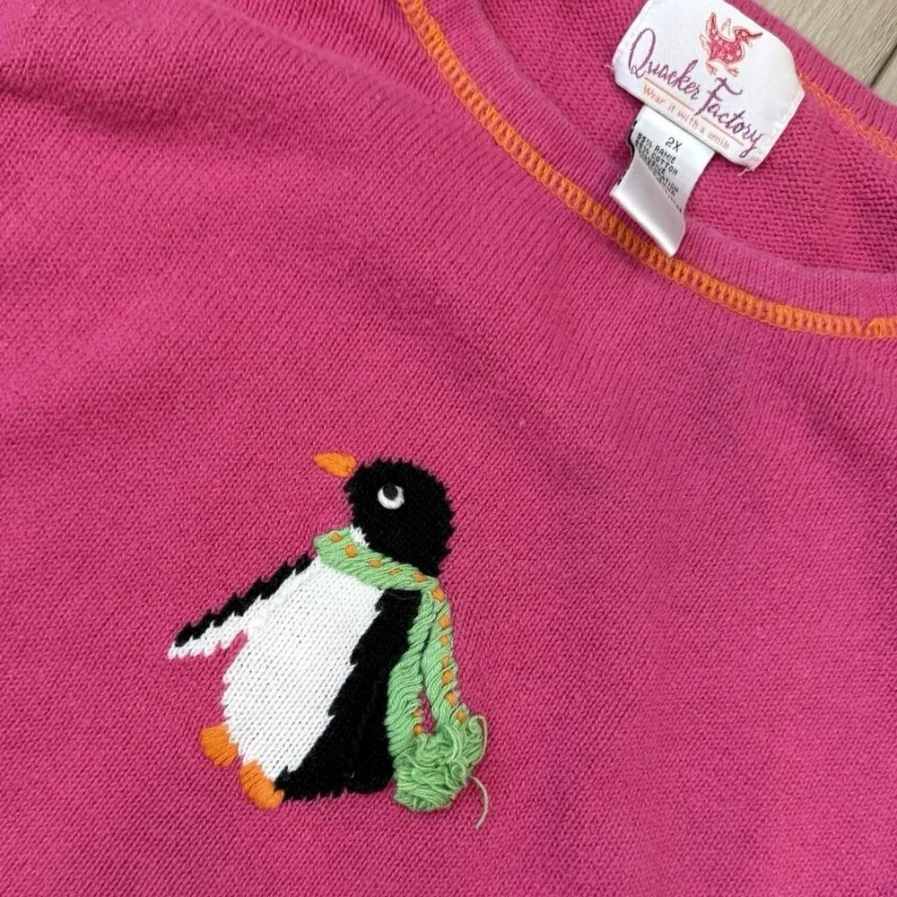 Vintage Quacker Factory Pink Penguin Knit Sweatshirt Women's Size 2X Cottage Y2K